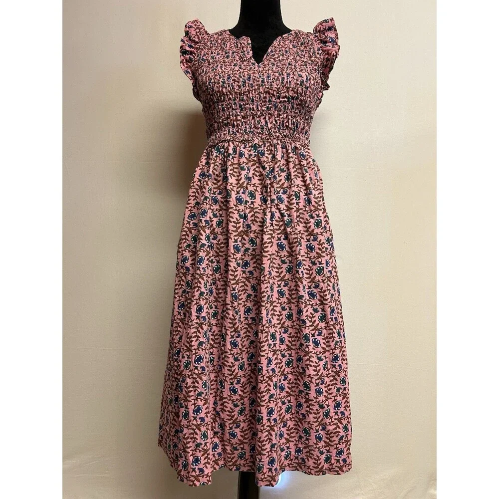 J. CREW Womens Sz XS Smocked Pink Floral Midi Dress Flutter Sleeve Pockets Boho